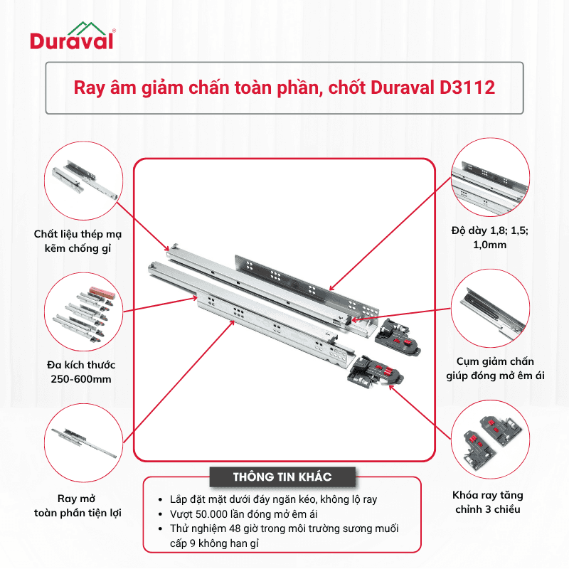 Ray âm giảm chấn toàn phần, chốt Duraval D3112