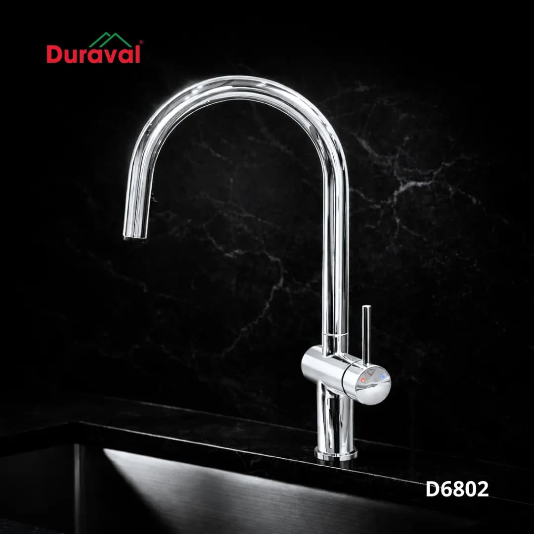Vòi rửa bát inox 304 nóng lạnh Duraval D6802 thân bo tròn, đầu vòi cong