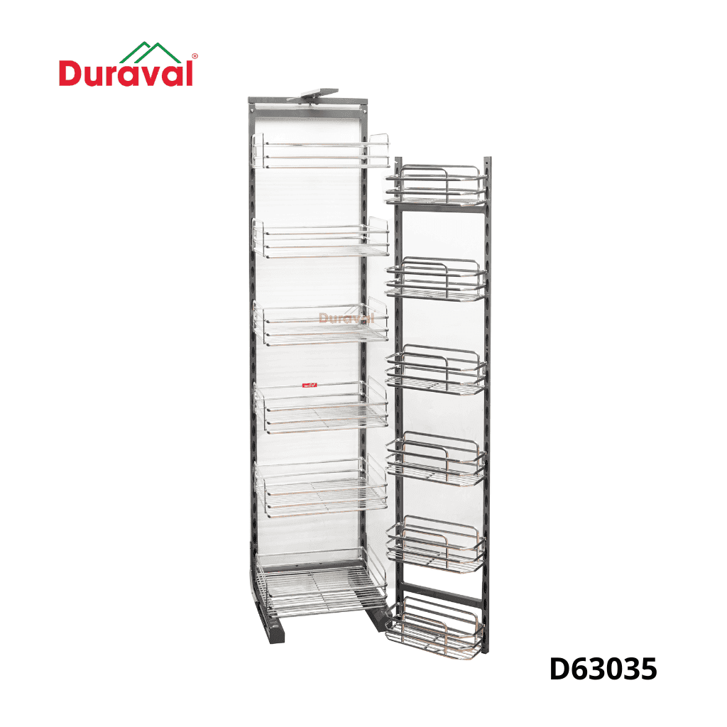 Tủ đồ khô liên hoàn nan oval inox 304 Duraval D63035 với hai khung giỏ, dùng làm cột tủ cao thay phòng kho
