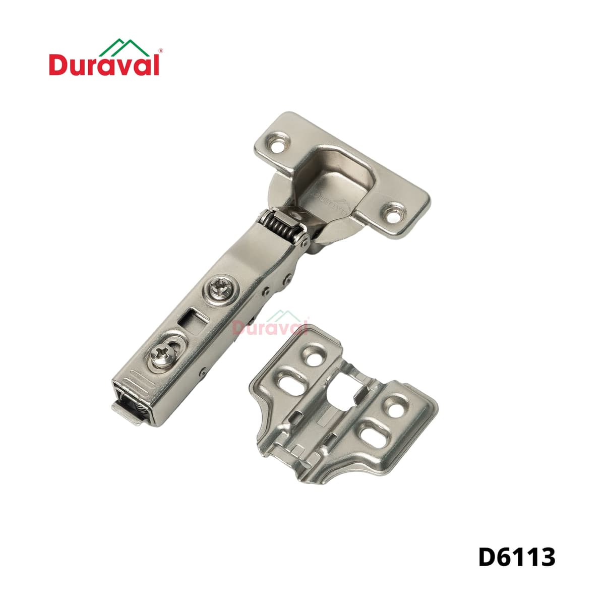Bản lề giảm chấn tháo lắp Duraval D6113: tay bản lề có vít chỉnh để căn lại cánh tủ bị xệ