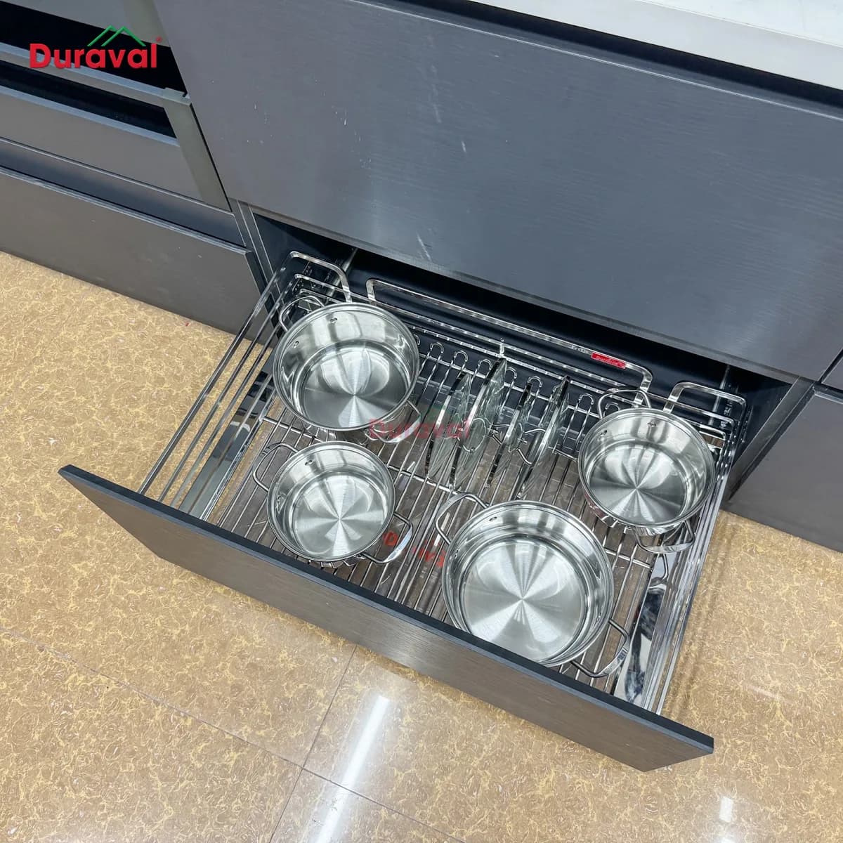 Ngăn kéo tủ bếp kéo êm với giá xoong nồi inox 304 Duraval D6273V2 (ảnh thật)