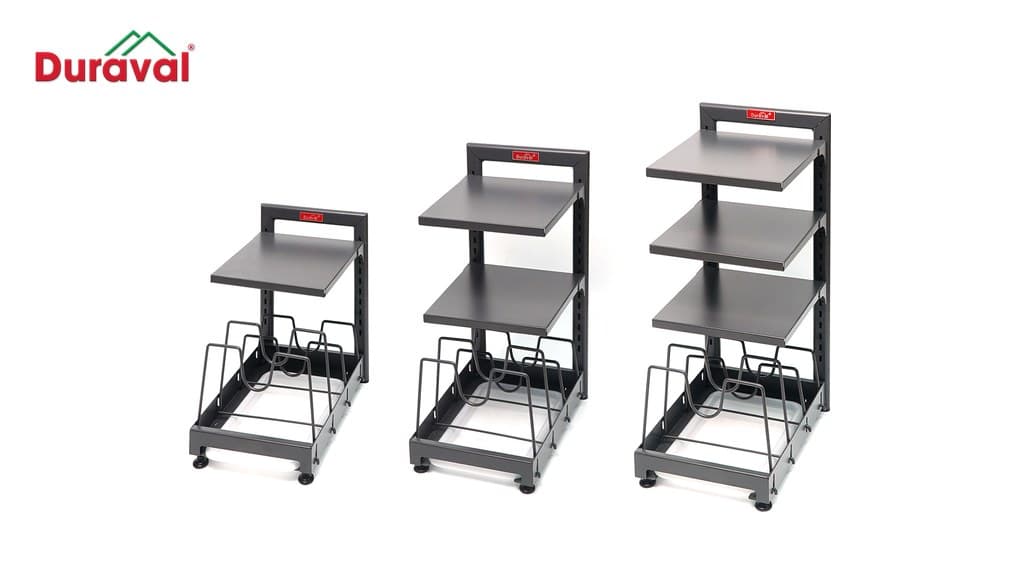 Bộ giá để xoong nồi, nắp Duraval D1102 thép sơn tĩnh điện đen, ba bản 2, 3, 4 tầng có tầng dưới cài vung