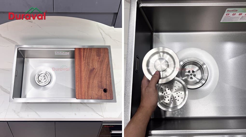 Chậu rửa 1 hố inox 304 Duraval D6605 có thớt gỗ gác trên hố và cốc lọc rác inox tháo ra khỏi lỗ xả