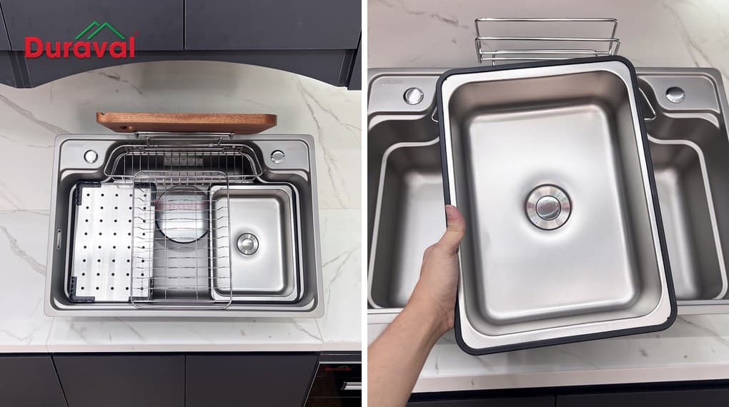 Chậu rửa 1 hố inox 304 Duraval D6609 bày cùng rổ inox, thớt gỗ, chậu phụ và khay; tay cầm chậu phụ inox