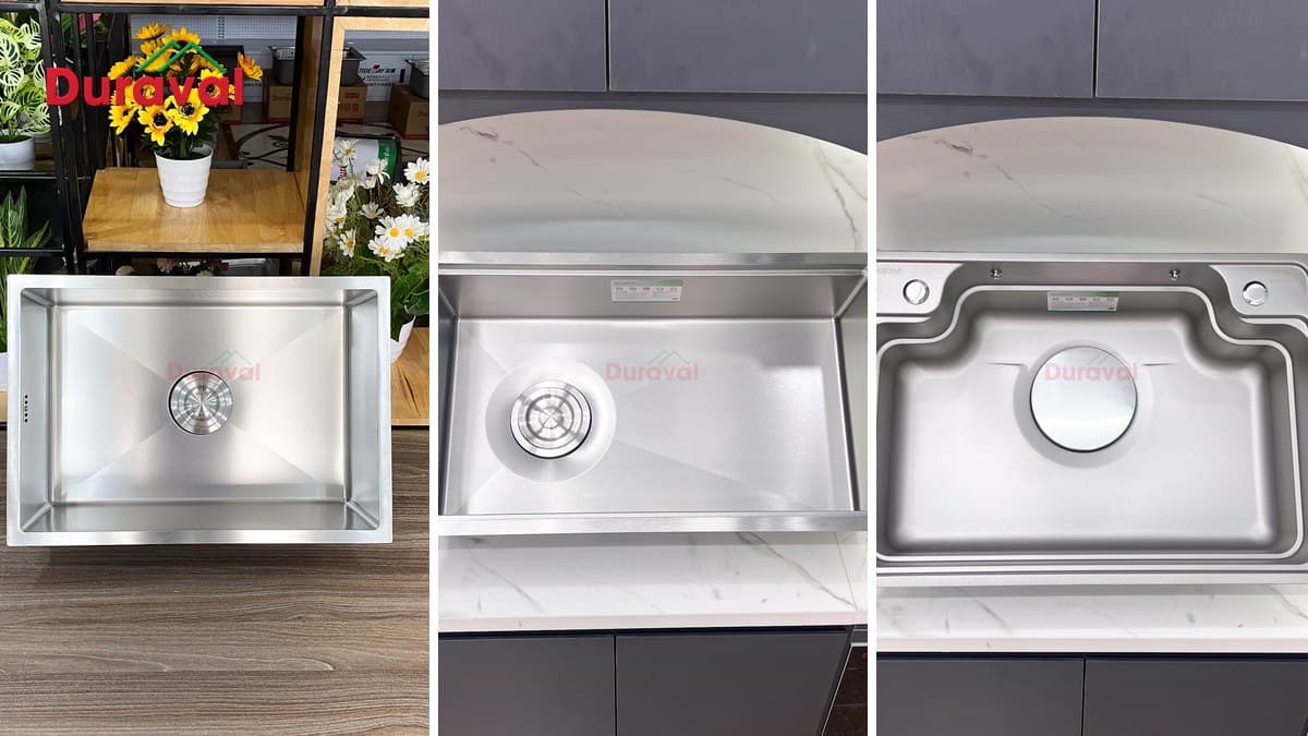 Ba chậu rửa bát 1 hố inox 304 Duraval: D6601 bề mặt hạt linen, D6605 phủ nano vân giả đá, D6609 phủ nano vân carbon