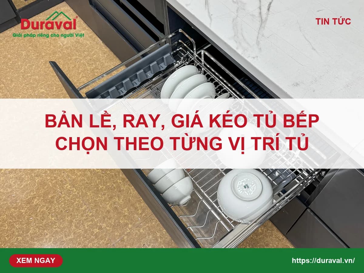 Giá bát đĩa kéo ra trong tủ bếp dưới, bát đĩa xếp gọn trên giá Duraval