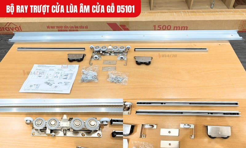 Bộ ray trượt cửa lùa âm cửa gỗ Duraval D5101 trọn bộ trên bàn: thanh ray nhôm dài 1500 mm, cụm bánh xe, giảm chấn, vít và tờ hướng dẫn lắp