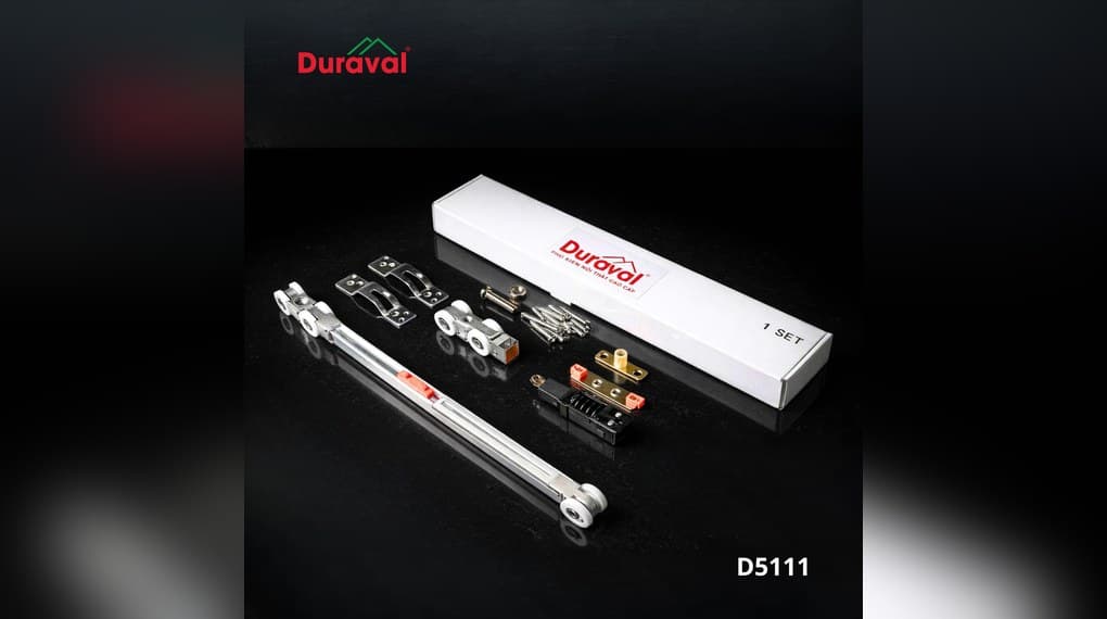 Trọn bộ ray trượt cửa lùa giấu cánh Duraval D5111 gồm thanh ray, bánh xe, giảm chấn, pát và ốc vít