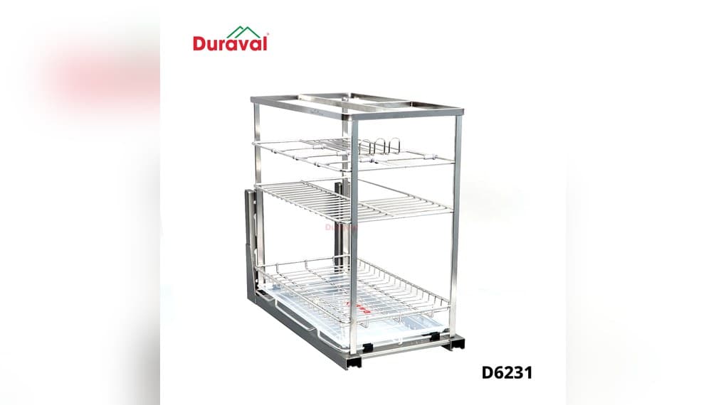 Giá gia vị inox 304 Duraval D6231 nhiều tầng giỏ inox, đáy có khay nhựa trong, nền trắng