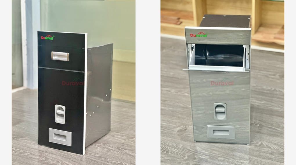 Hai thùng gạo tráng gương inox Duraval D6333 bản mặt đen và bản mặt sáng, nút nhấn lấy gạo ở giữa mặt