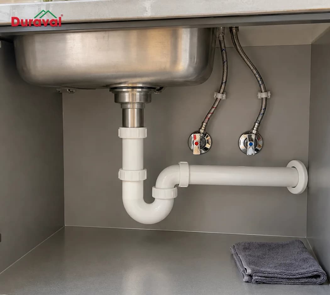 Gầm chậu rửa khô ráo, ống thoát và dây cấp nước đi gọn, không rò nước