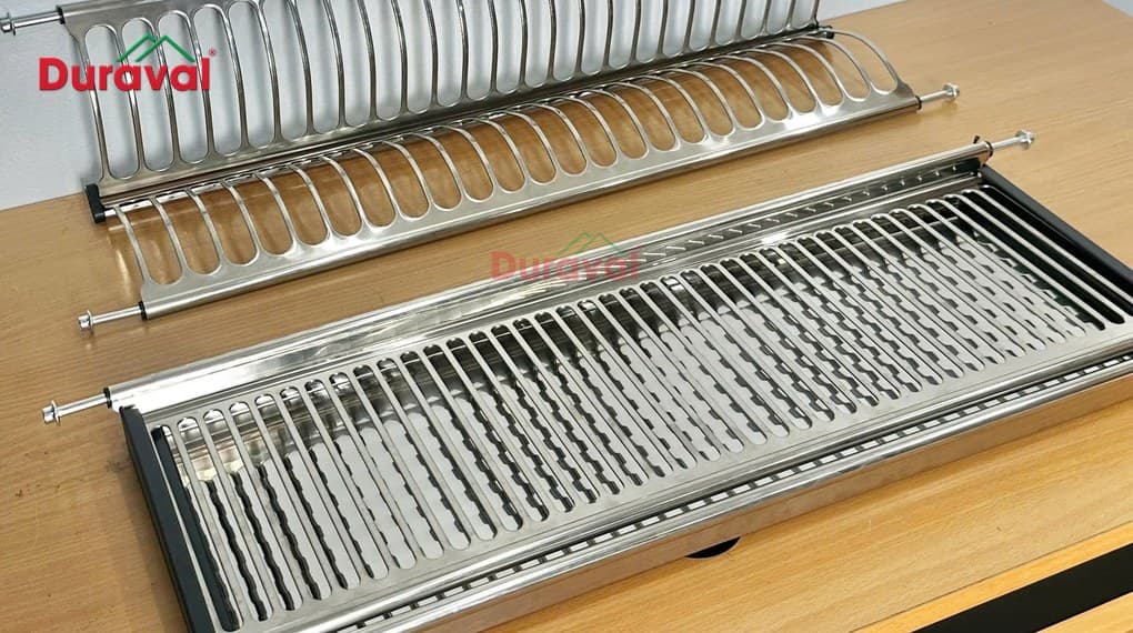 Giá bát đĩa cố định 2 tầng chữ V inox 304 Duraval D6262 gồm giá đĩa chữ V, giá bát và khay hứng nước inox