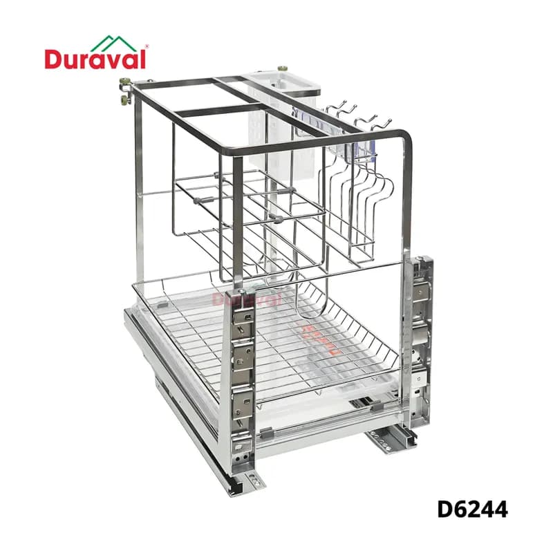 Giá dao thớt inox 304 Duraval D6244 trên đôi ray âm chống gỉ, thấy đầu ray và lỗ bắt vít ở chân giá