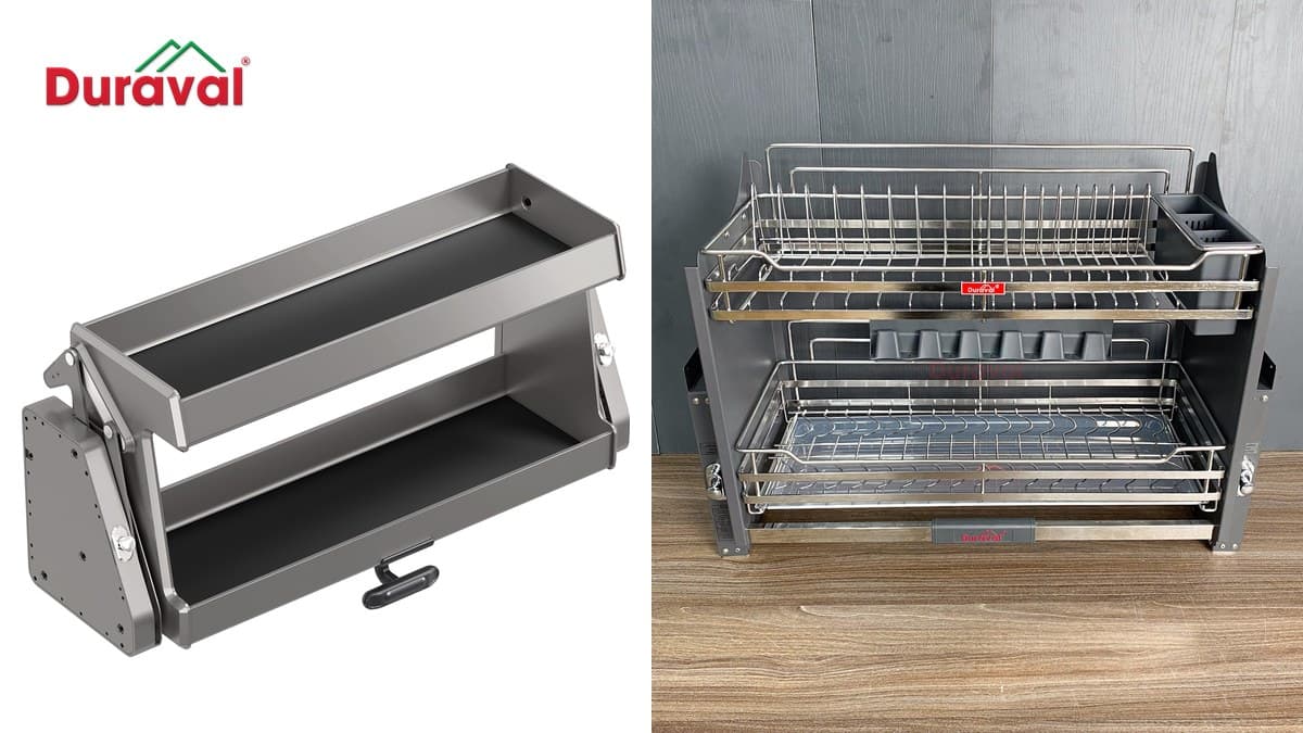 Giá nâng hạ đa năng Space Duraval N2111 khay phẳng màu ghi xám bên trái, giá bát nâng hạ inox 304 Duraval D6259 nan inox bên phải