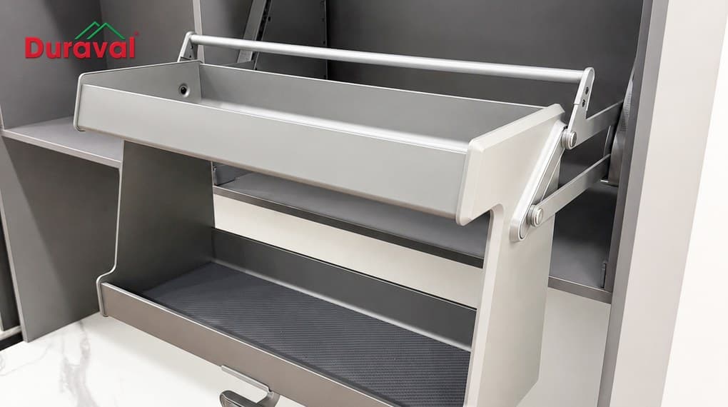 Giá nâng hạ đa năng Space Duraval N2111 hạ xuống dưới tủ bếp trên, hai khay phẳng có thảm lót đáy