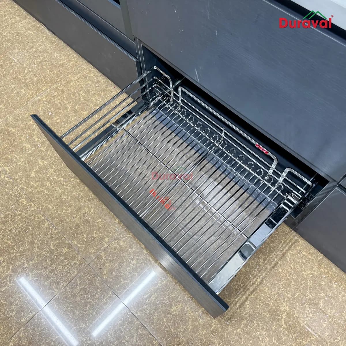 Ngăn kéo tủ dưới lắp giá xoong nồi inox 304 nan oval Duraval D6273V2 — phụ kiện inox bền ẩm (ảnh thật)