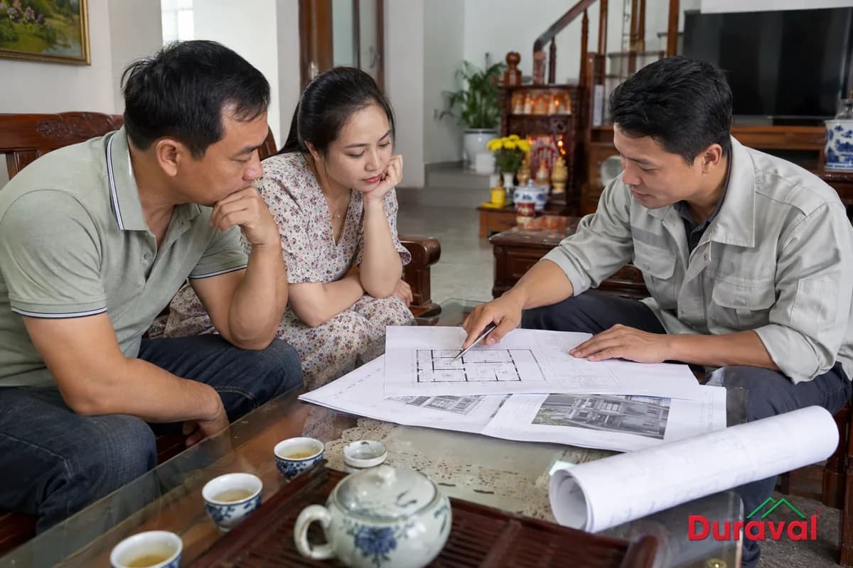 Chủ nhà và nhà thầu ngồi rà soát hợp đồng xây nhà