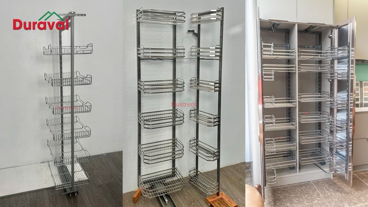 Ba kiểu phụ kiện tủ đồ khô Duraval: cánh kéo D6303 một cột giỏ, liên hoàn D6301 có khung trong và khung bắt cánh, bộ liên hoàn 6 tầng lắp trong tủ cao