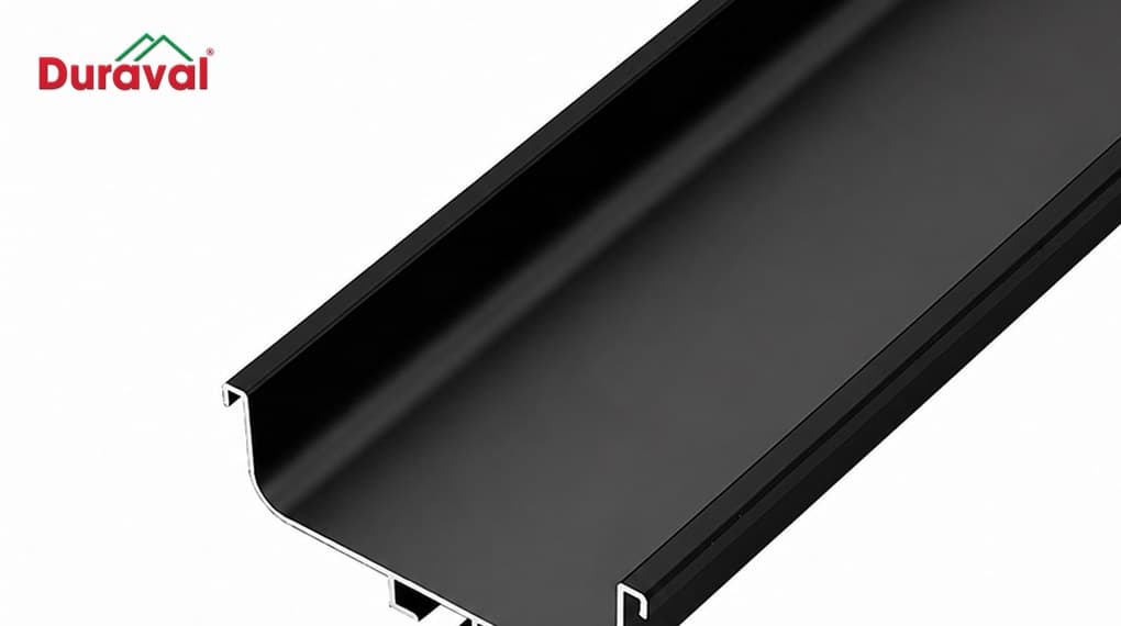 Ảnh phối cảnh thanh nhôm tay nắm Duraval màu đen, mặt cắt có gờ để móc tay mở cánh