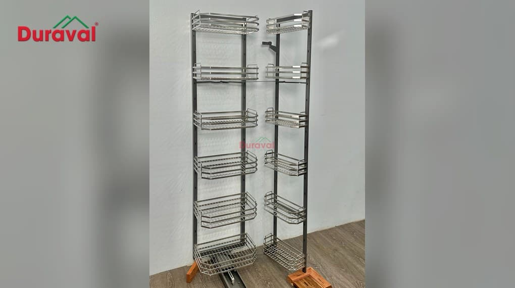 Tủ đồ khô liên hoàn inox 304 Duraval D6301 gồm khung giỏ bên trong và khung giỏ bắt vào cánh đặt cạnh nhau