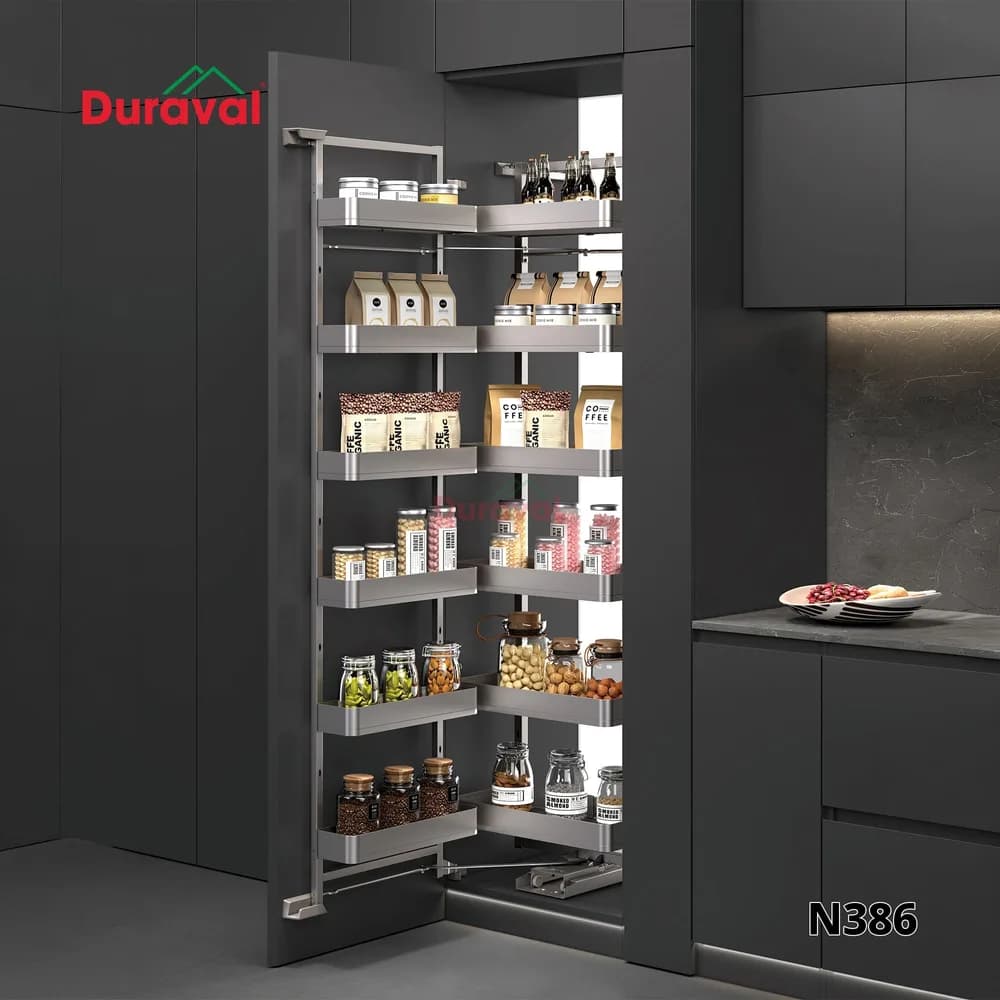 Tủ đồ khô liên hoàn Space Duraval N386 mở cánh, giỏ nhôm kéo ra cùng cánh tủ cao