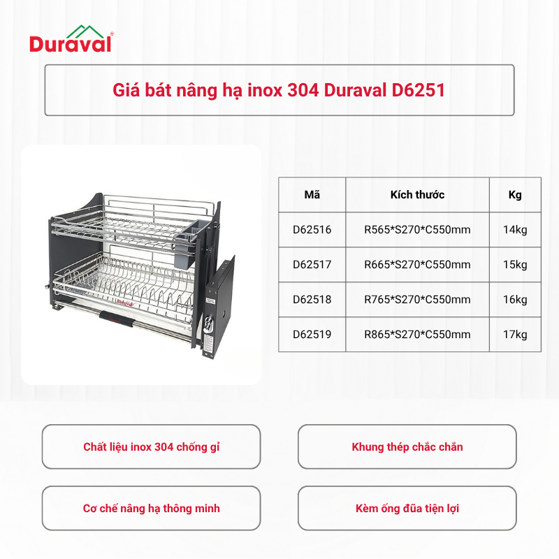 Giá bát nâng hạ inox 304 Duraval D6251