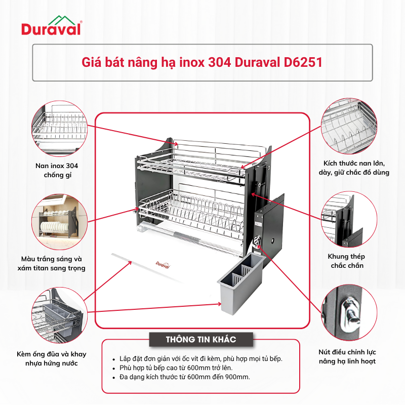 Giá bát nâng hạ inox 304 Duraval D6251