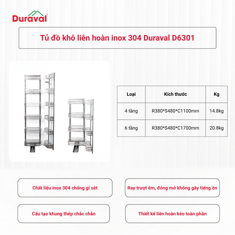 Tủ đồ khô liên hoàn inox 304 Duraval D6301