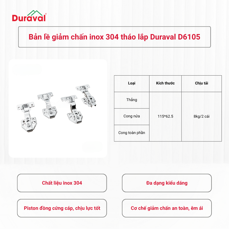 Bản lề giảm chấn inox 304 tháo lắp Duraval D6105