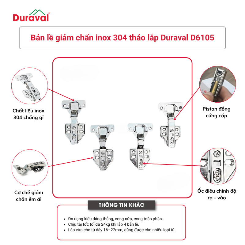 Bản lề giảm chấn inox 304 tháo lắp Duraval D6105