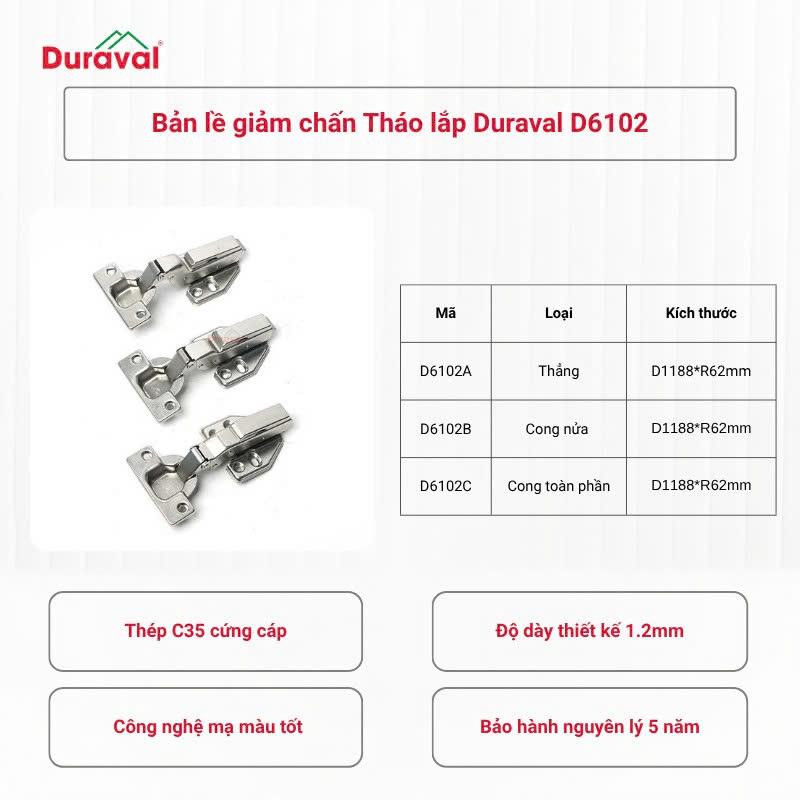 Bản lề giảm chấn Tháo lắp Duraval D6102