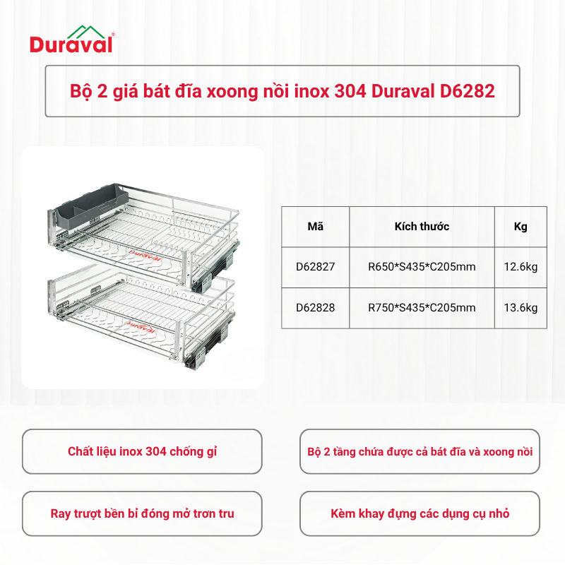 Bộ 2 giá bát đĩa xoong nồi inox 304 Duraval D6282