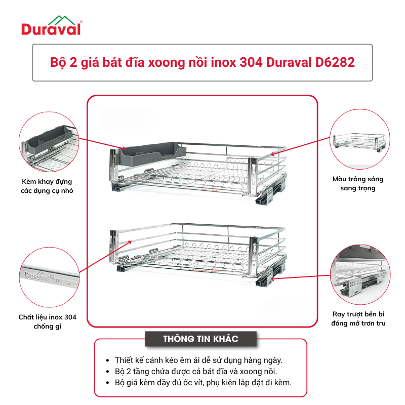 Bộ 2 giá bát đĩa xoong nồi inox 304 Duraval D6282