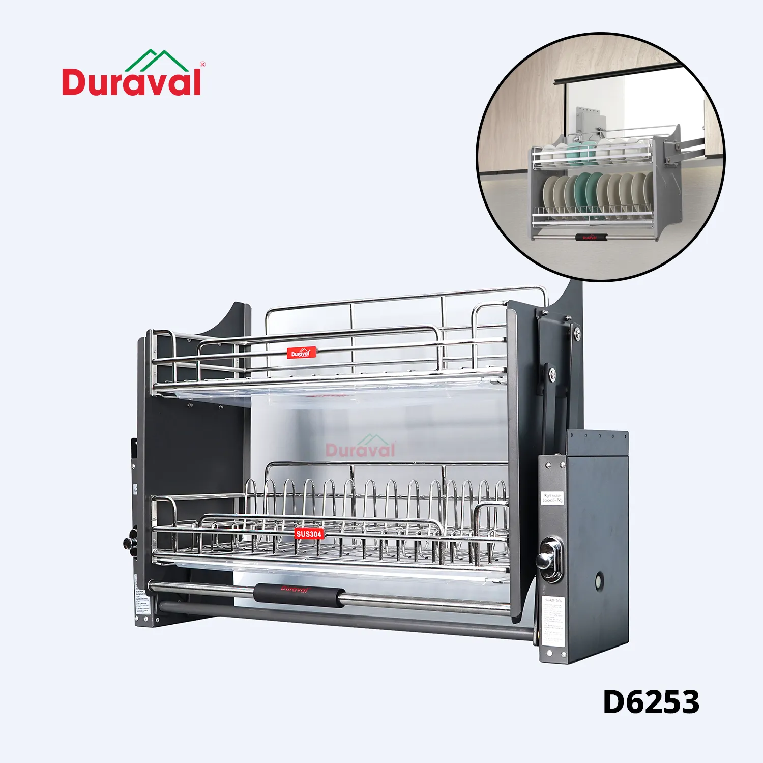 Kích thước phụ kiện tủ bếp giá bát nâng hạ Duraval