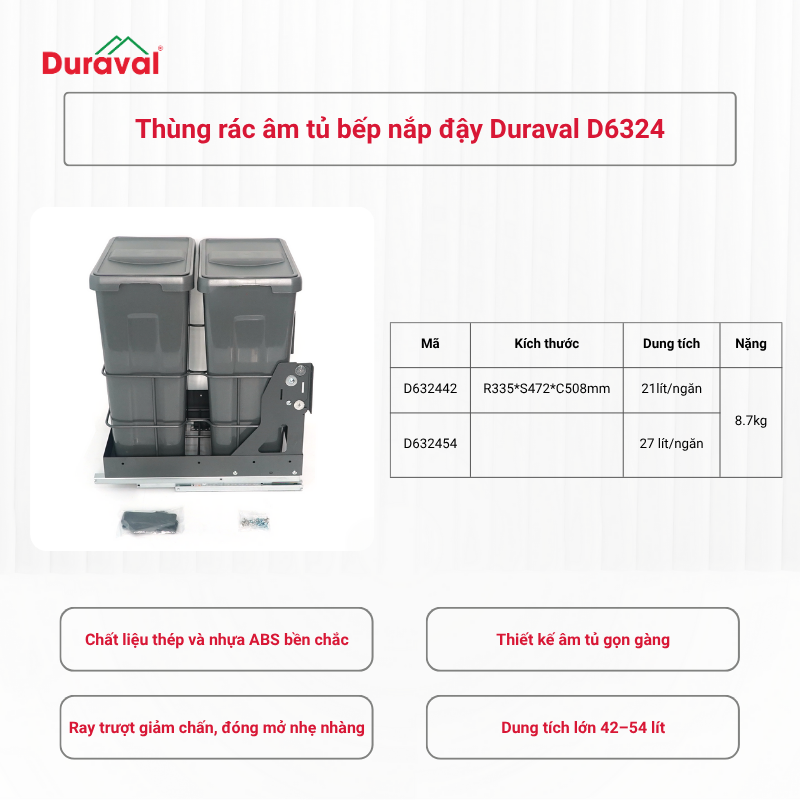 Thùng rác âm tủ bếp nắp đậy Duraval D6324