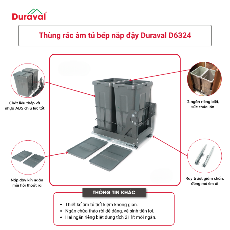 Thùng rác âm tủ bếp nắp đậy Duraval D6324