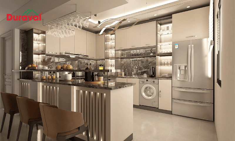 Bố trí nhà bếp sang trọng với quầy bar hiện đại