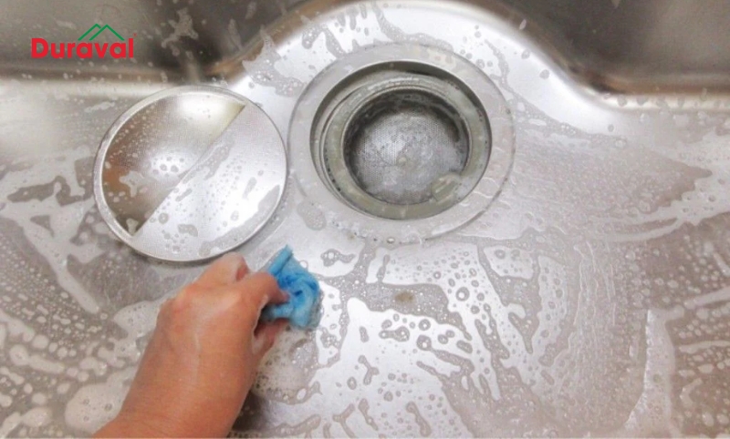 Vệ sinh chậu rửa bát với chất tẩy rửa chuyên dụng