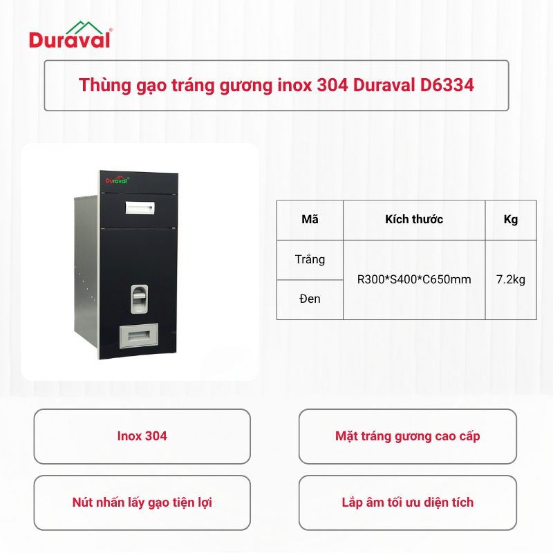 Thùng gạo tráng gương inox 304 Duraval D6334