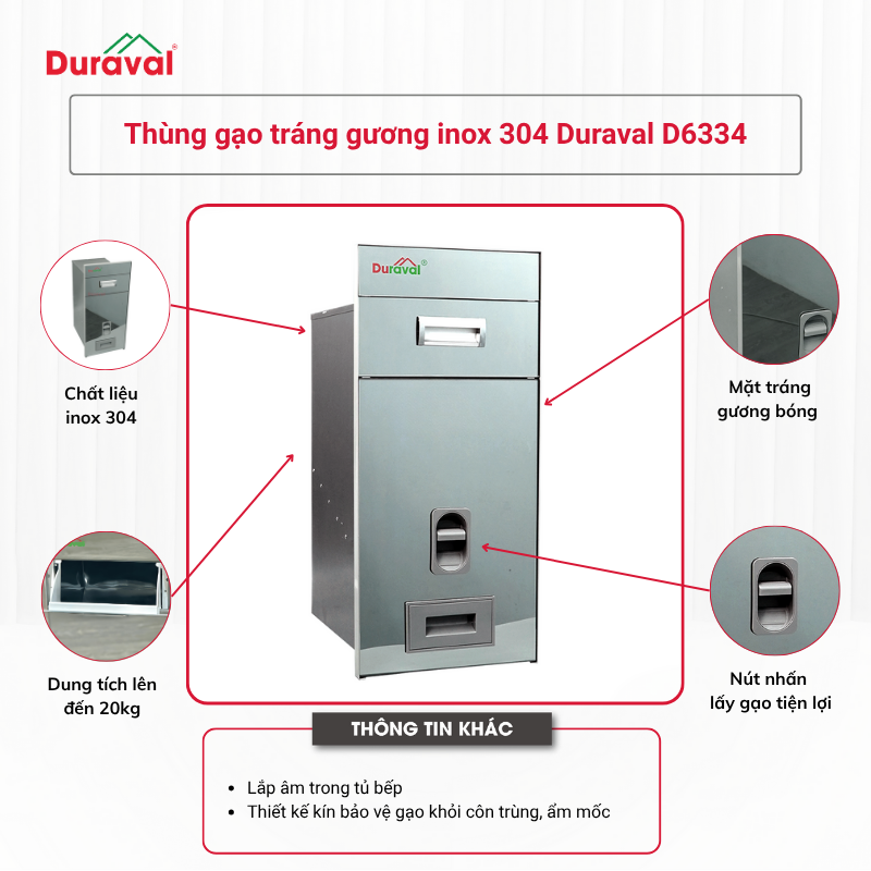 Thùng gạo tráng gương inox 304 Duraval D6334