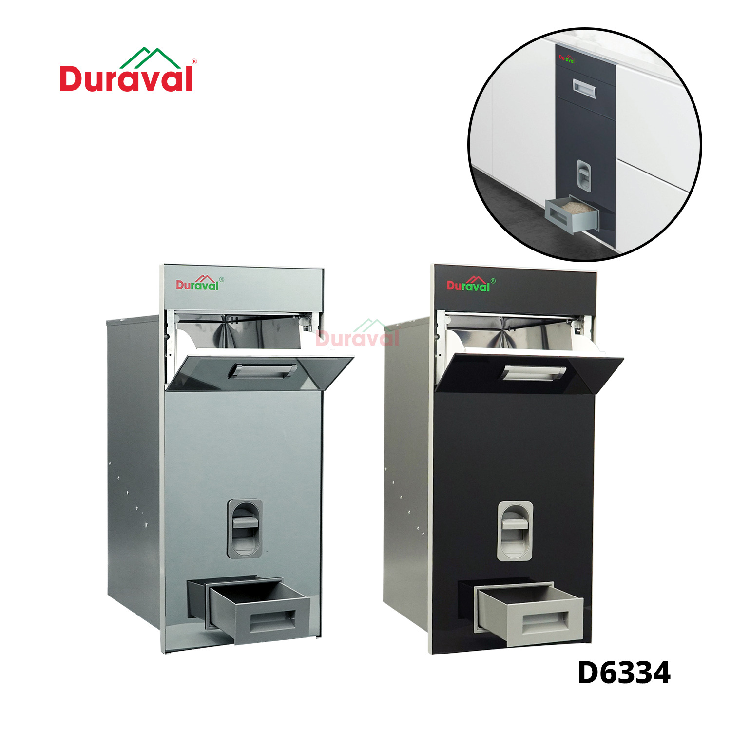 Thùng gạo tráng gương Duraval D6334 có hai màu trắng và đen sang trọng
