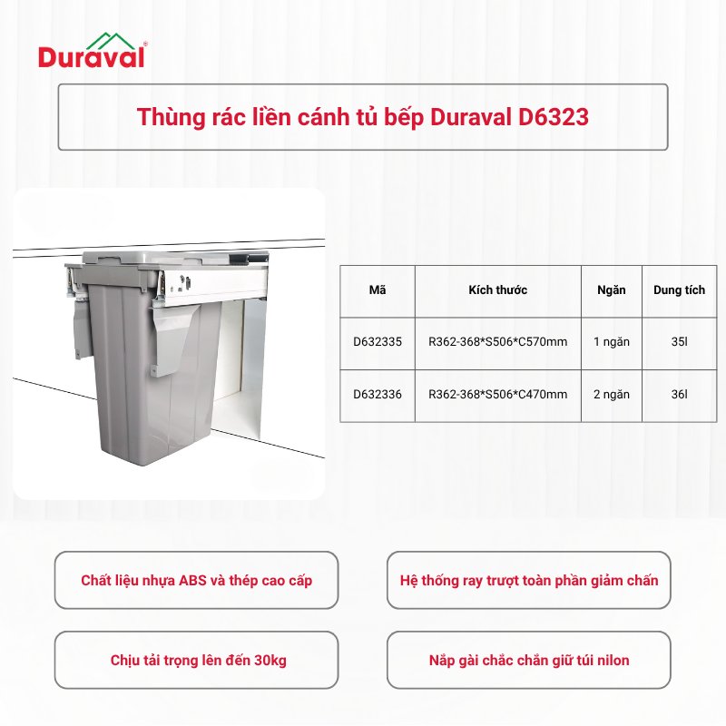 Thùng rác liền cánh tủ bếp Duraval D6323