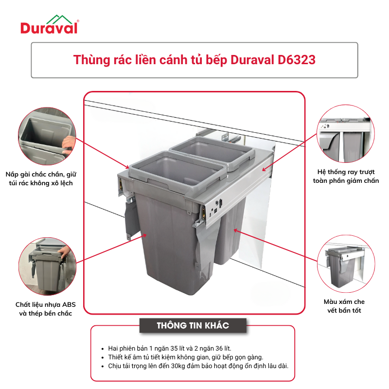Thùng rác liền cánh tủ bếp Duraval D6323