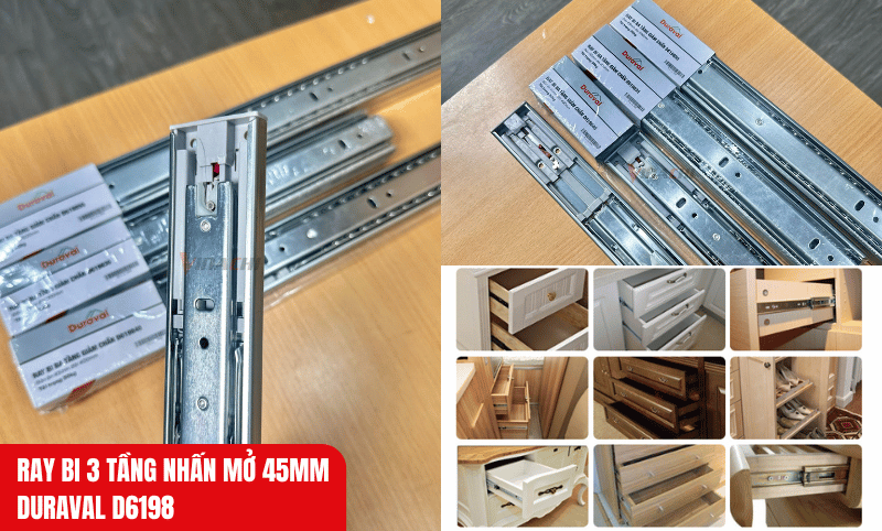 Hình ảnh thực tế ray bi 3 tầng nhấn mở D6198