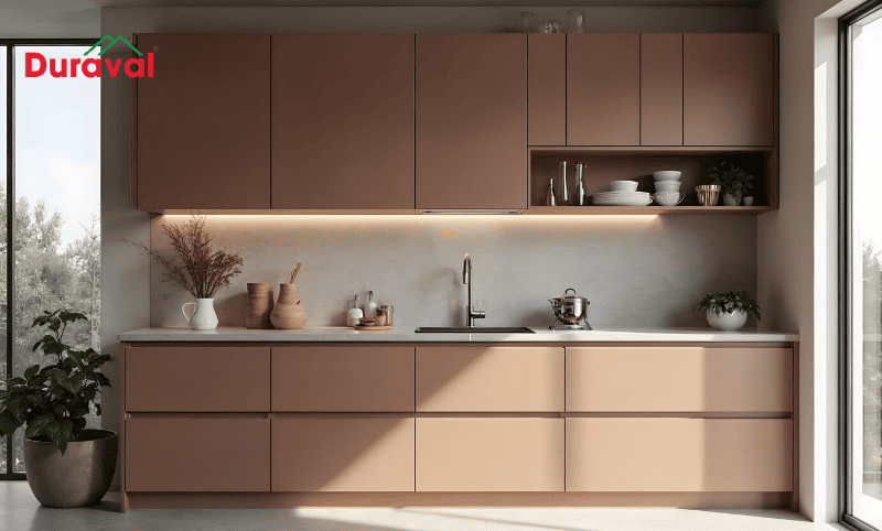 Tủ bếp tone pastel nâu hợp với phong cách Rustic
