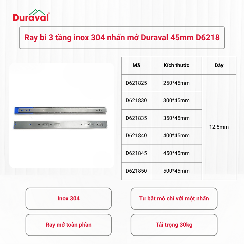 Ray bi 3 tầng inox 304 nhấn mở Duraval 45mm D6218