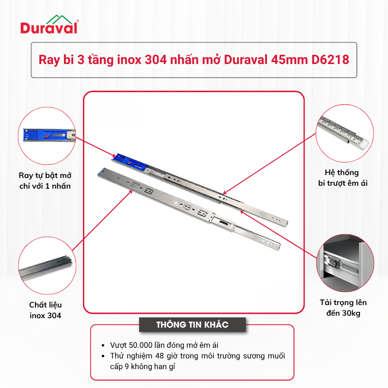 Ray bi 3 tầng inox 304 nhấn mở Duraval 45mm D6218