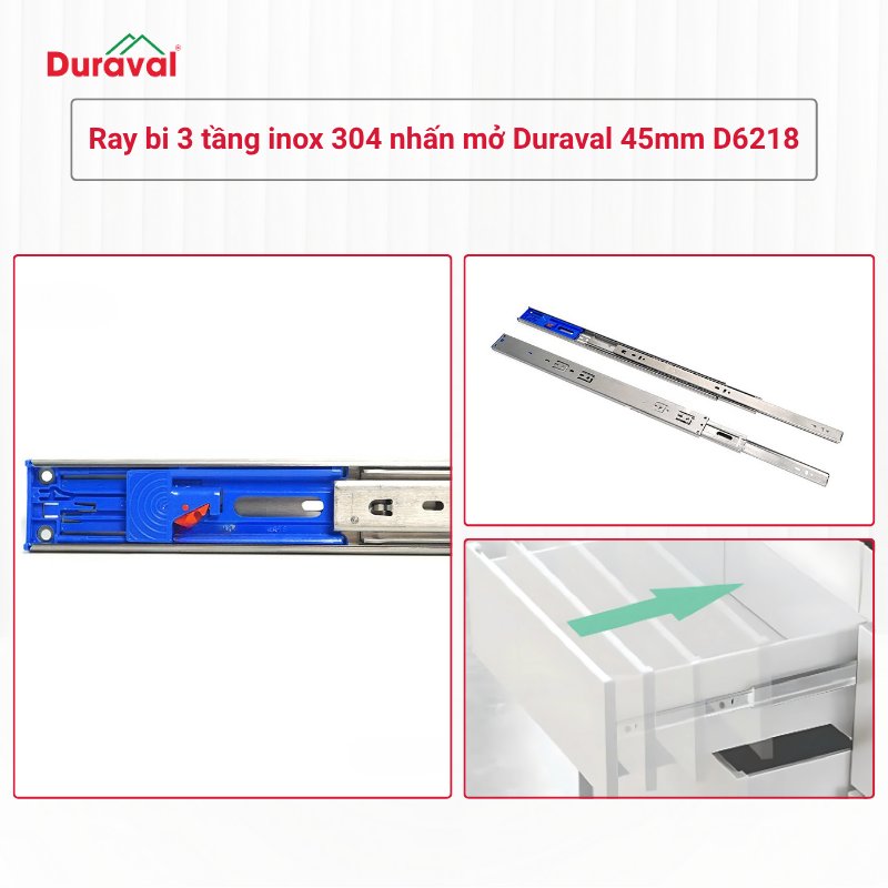 Ray bi 3 tầng inox 304 nhấn mở Duraval 45mm D6218
