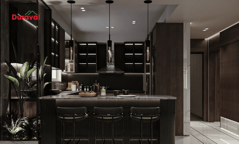 Thiết kế quầy bar mini kết hợp bản đảo giúp tiết kiệm diện tích