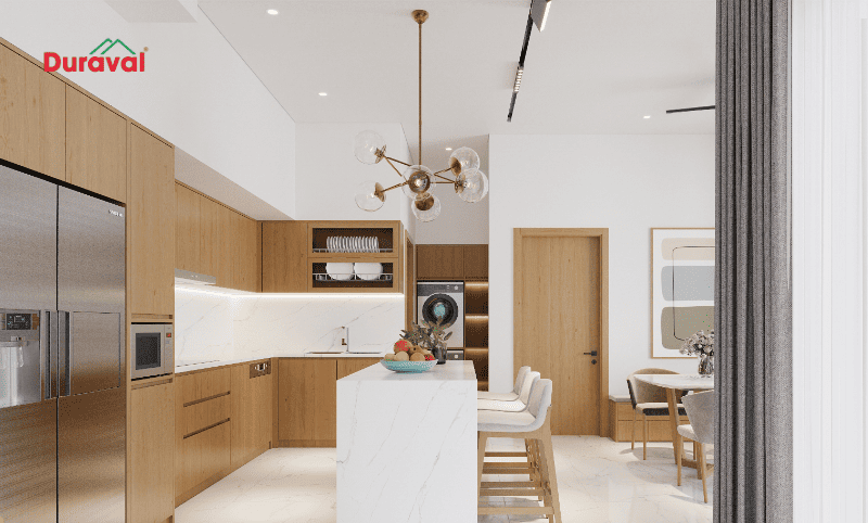 Thiết kế quầy bar mini có màu đồng nhất với không gian bếp